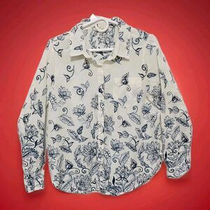 Lucky Brand Shirt Women's Floral Print Long Sleeve  Size M Cream Blue Western